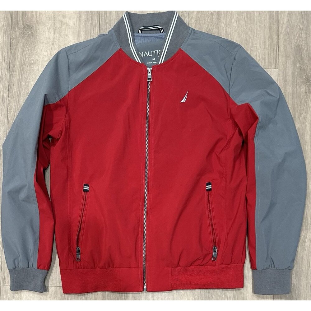 Nautica Windbreaker Men’s Size M Lined Jacket Red w/Gray Stripe Zipper, Pockets